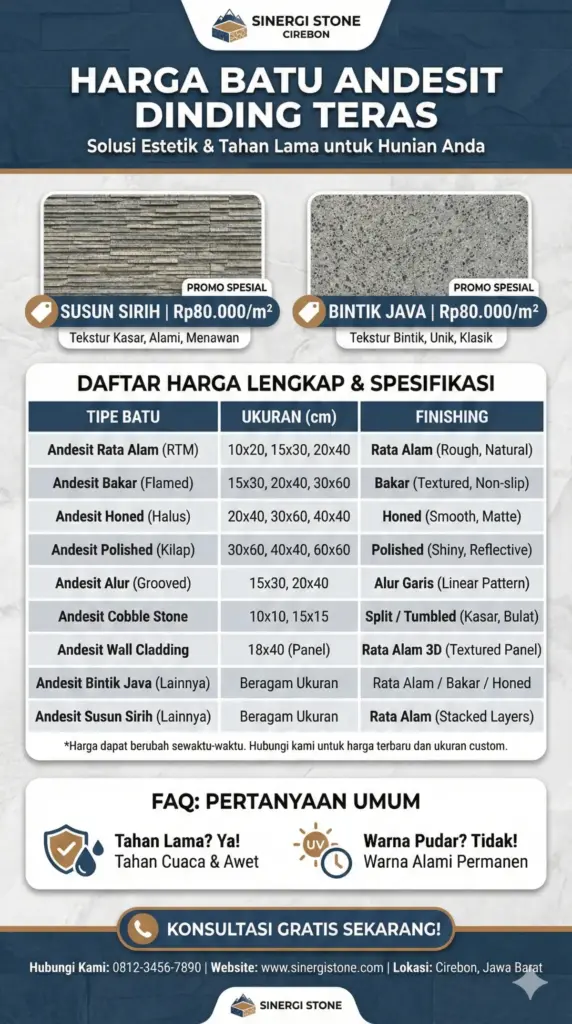 Tabel harga batu andesit susun sirih bintik Java per m2 Sinergi Stone Cirebon.