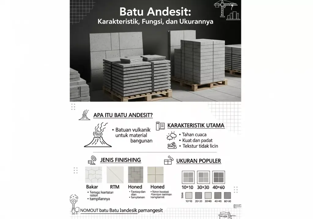 Infografis batu andesit menampilkan karakteristik, fungsi, jenis finishing, dan ukuran populer untuk dinding serta lantai bangunan.
