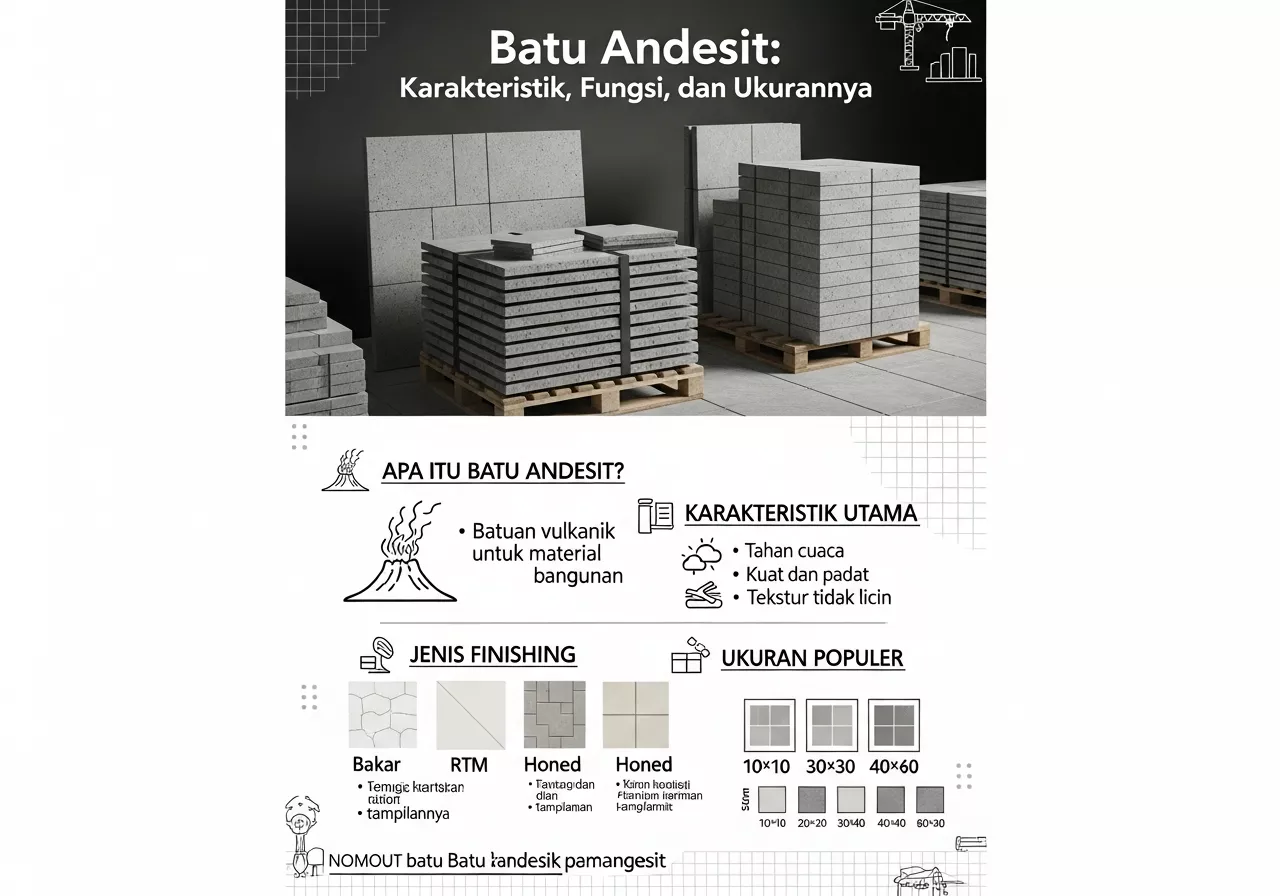 Infografis batu andesit menampilkan karakteristik, fungsi, jenis finishing, dan ukuran populer untuk dinding serta lantai bangunan.