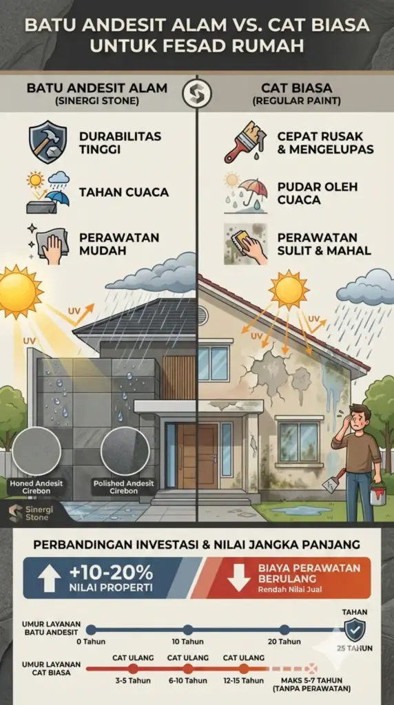 Infografis perbandingan keunggulan batu alam andesit vs cat biasa untuk dinding depan rumah Sinergi Stone.