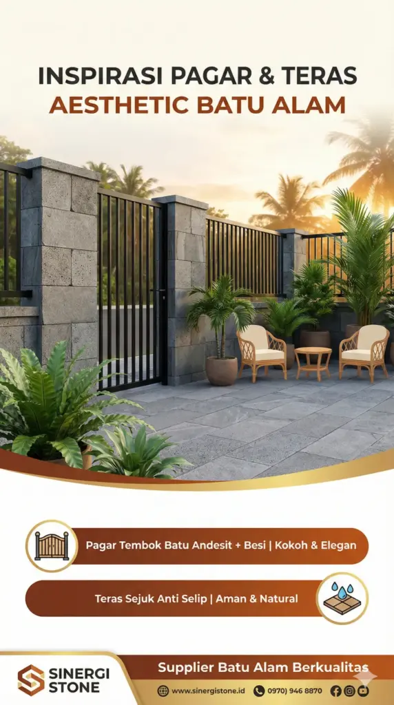 Infografis desain pagar tembok dan teras depan rumah batu andesit besi Sinergi Stone.