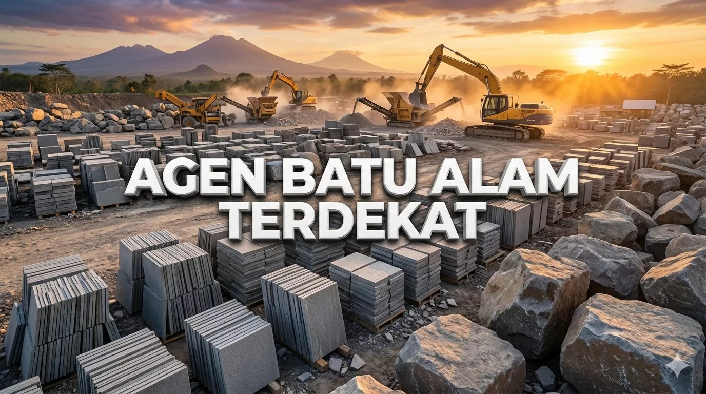 Featured image showing the stockyard of agen batu alam terdekat in Cirebon with stacks of andesite stone.