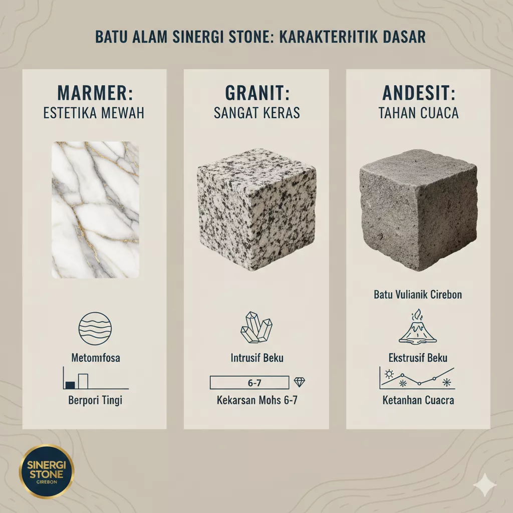 Karakteristik marmer granit batu andesit Sinergi Stone Cirebon