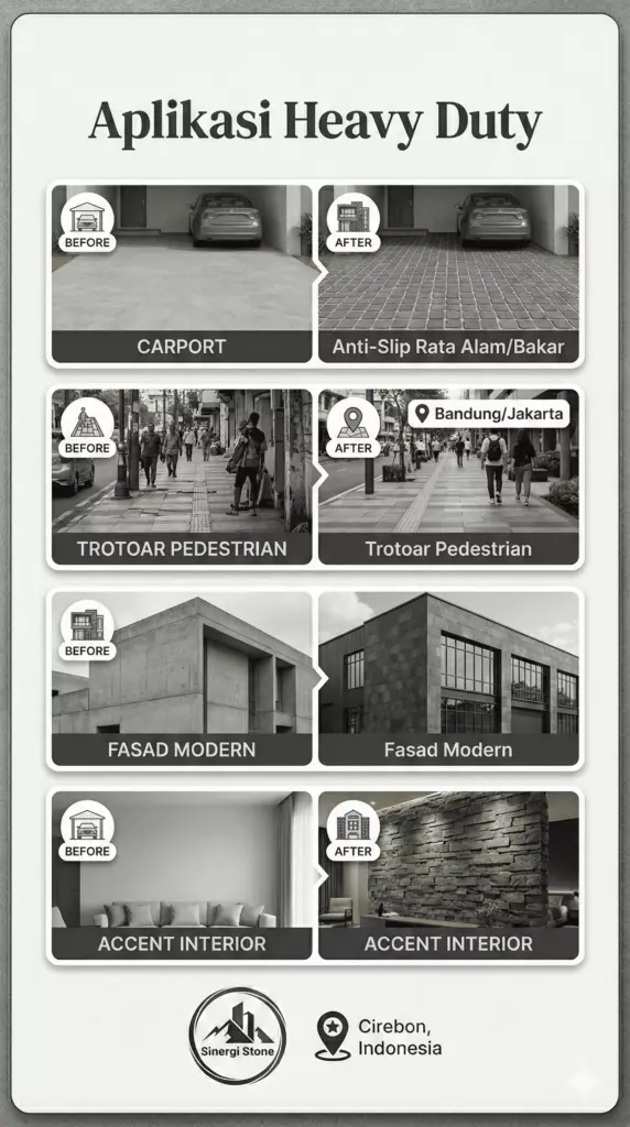 Infografis aplikasi Batu Alam Andesit Basalto di carport, trotoar, dan fasad rumah.