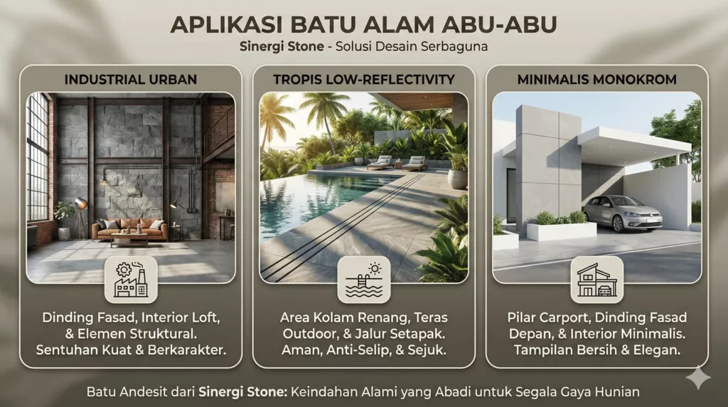 Infografis aplikasi batu alam abu abu pada desain industrial tropis modern minimalis