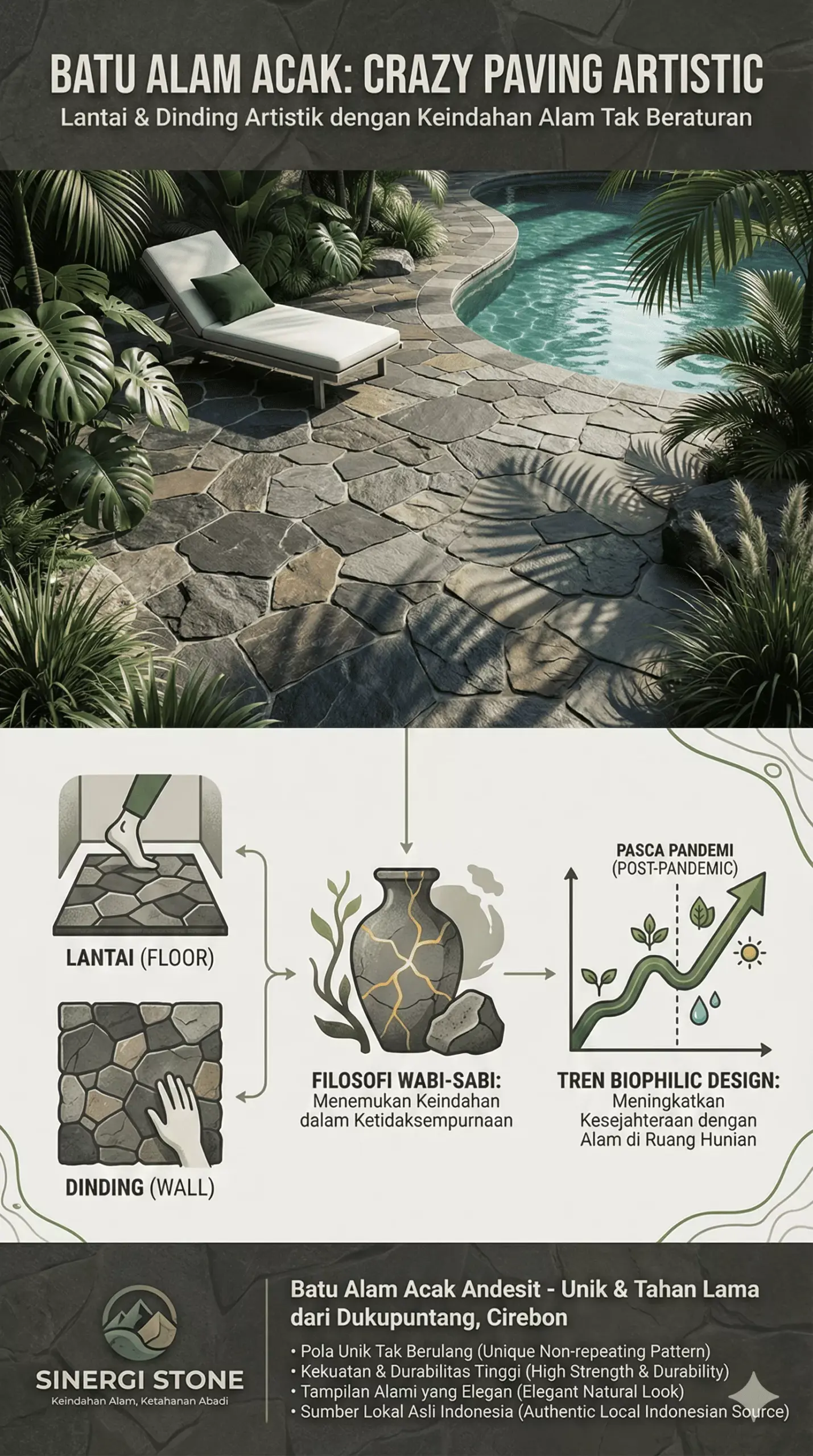 Infografis batu alam acak Crazy Paving untuk lantai dan dinding artistik dari Sinergi Stone Cirebon, inspirasi desain Biophilic natural.