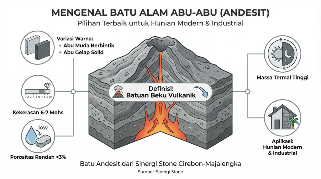 Infografis definisi dan karakteristik batu alam abu abu andesit kekerasan Mohs porositas rendah