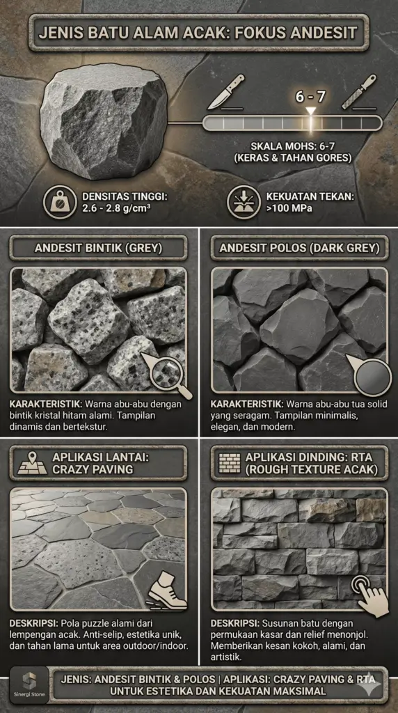 Infografis jenis batu alam acak andesit bintik polos, karakteristik Crazy Paving lantai dan RTA dinding Sinergi Stone.