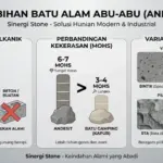 Infografis kelebihan batu alam abu abu andesit alami varian warna finishing RTA bakar