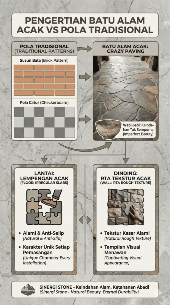 Infografis konsep batu alam acak vs pola tradisional untuk lantai dinding natural, perbedaan Crazy Paving dan RTA Sinergi Stone.