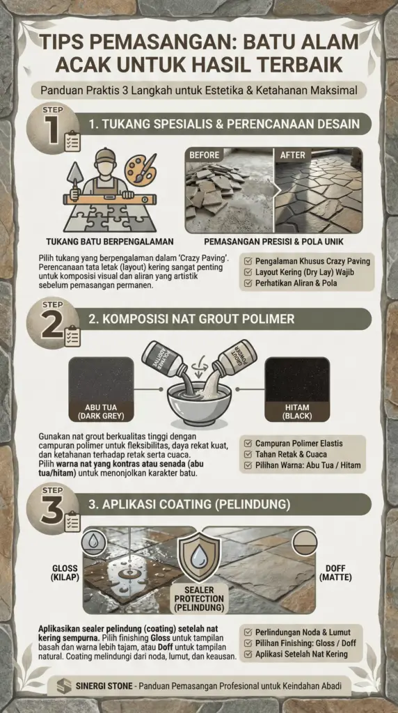 Infografis 3 tips pemasangan batu alam acak: tukang spesialis, nat grout, coating pelapis anti-jamur.