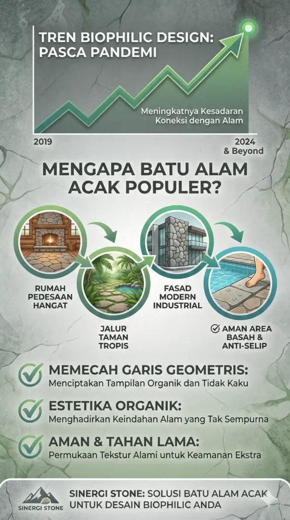 Infografis alasan tren batu alam acak Biophilic Design untuk taman tropis, kolam, fasad industrial modern anti-slip.
