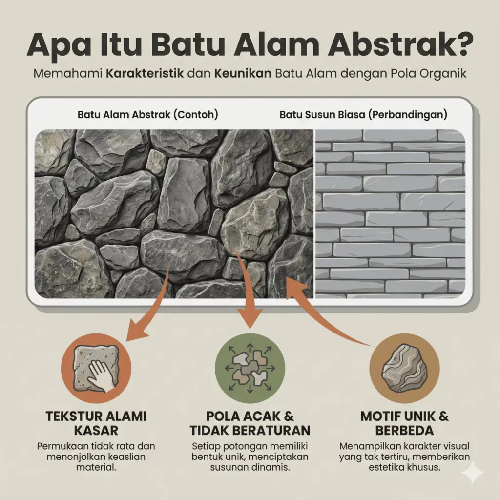 Penjelasan batu alam abstrak dengan tekstur raw alam dan pola acak untuk dinding natural.