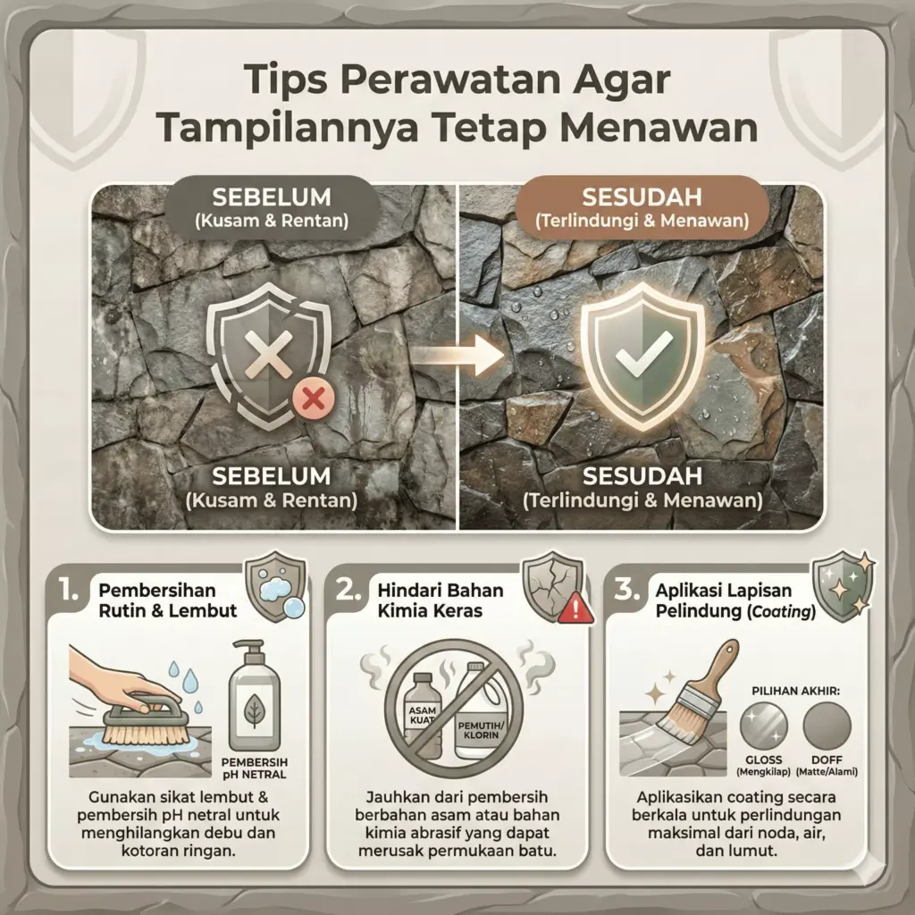 Tips perawatan batu alam abstrak dengan coating dan pembersihan rutin agar awet menawan.