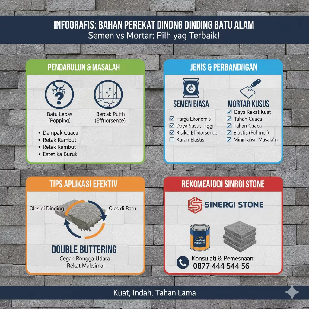 Infografis perbandingan bahan perekat dinding batu alam antara semen biasa dan mortar khusus untuk mencegah batu lepas.