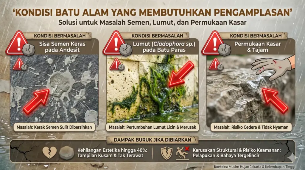 Infografis kondisi batu alam seperti sisa semen lumut kasar yang butuh pengamplasan.