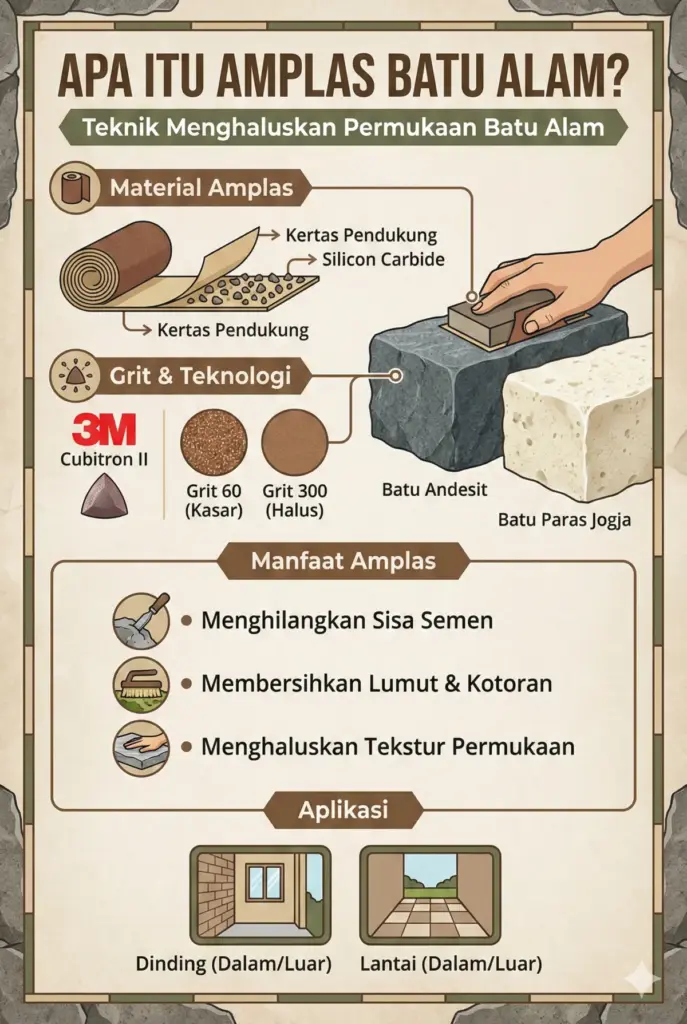Infografis pengertian amplas batu alam grit 60-300 untuk andesit dan paras jogja