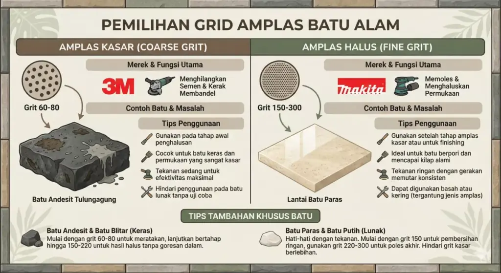 Tabel infografis grit amplas kasar 60-80 vs halus 150-300 untuk batu alam.