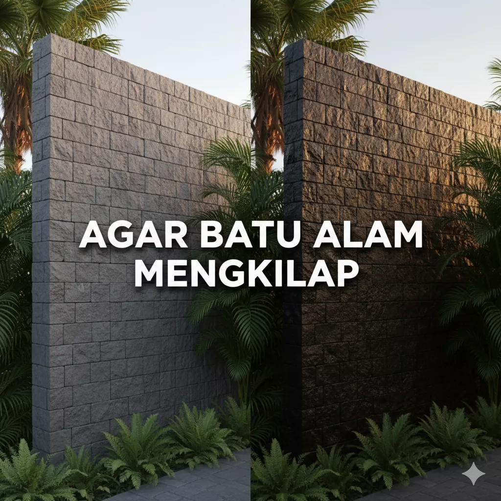 Perbandingan dinding batu andesit kusam dan batu alam mengkilap wetlook pada rumah mewah.