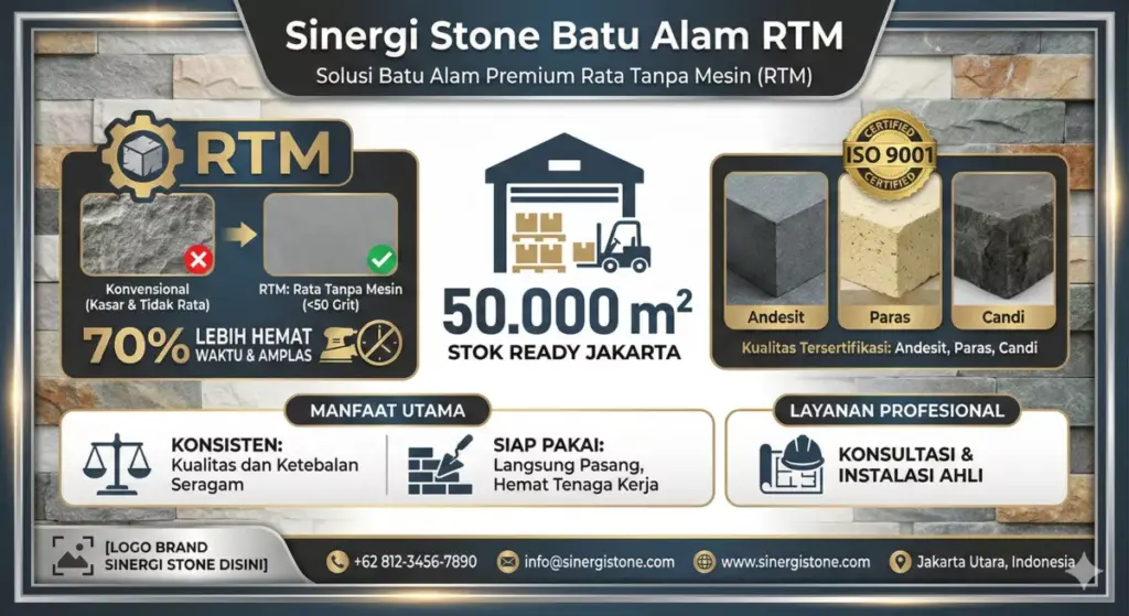 Infografis batu alam RTM Sinergi Stone kurangi amplas 70% stok Jakarta.