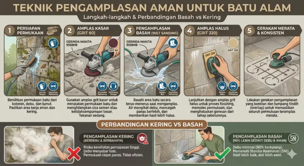 Infografis langkah pengamplasan batu alam basah dengan mesin gerinda Makita.
