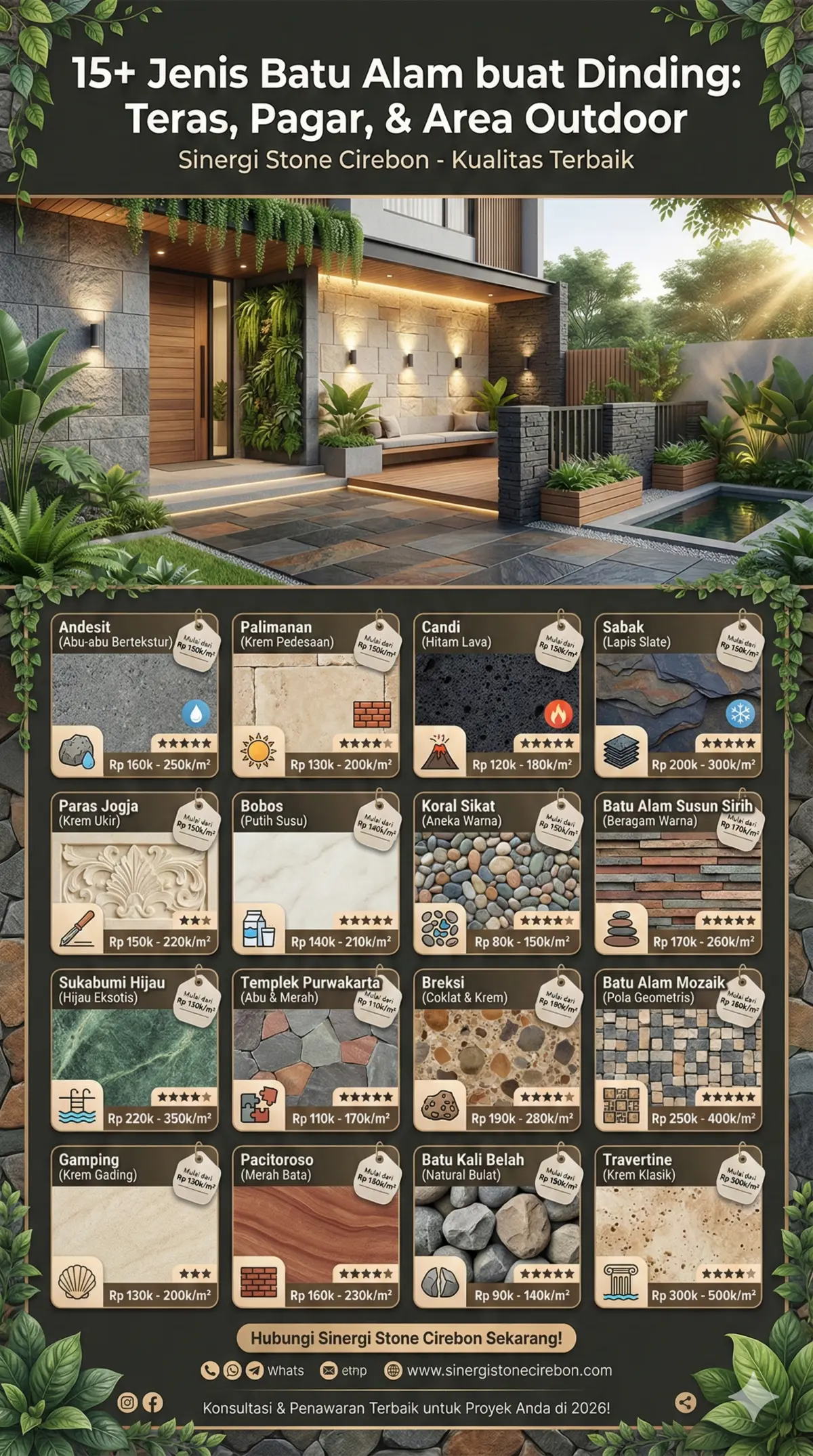 Infografis 15+ jenis batu alam untuk dinding teras, pagar, dan outdoor dari Sinergi Stone Cirebon, tren 2026.