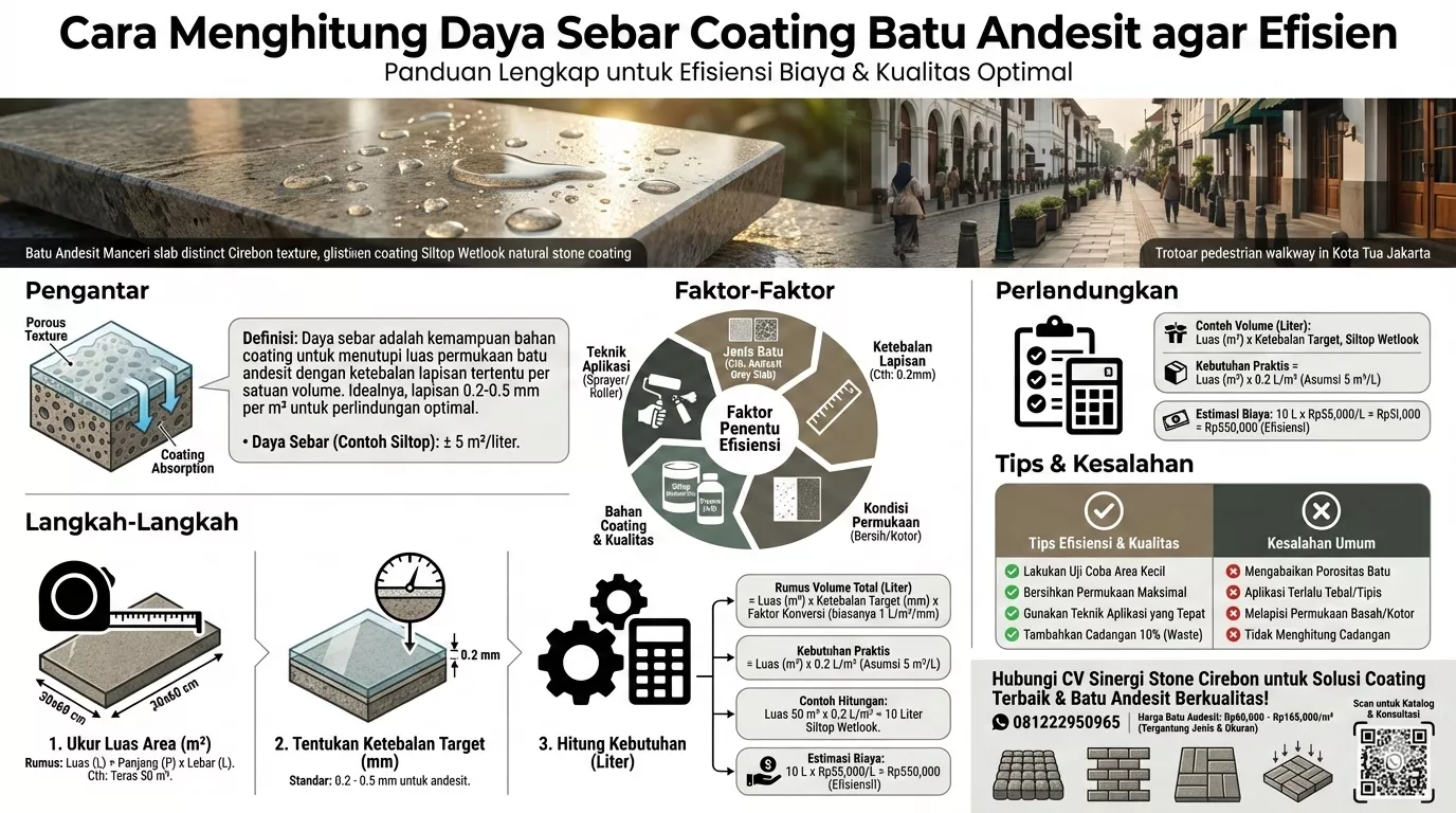 Infografis lengkap cara menghitung daya sebar coating batu andesit untuk efisiensi proyek renovasi dengan contoh rumus, faktor, dan tips dari CV Sinergi Stone Cirebon.