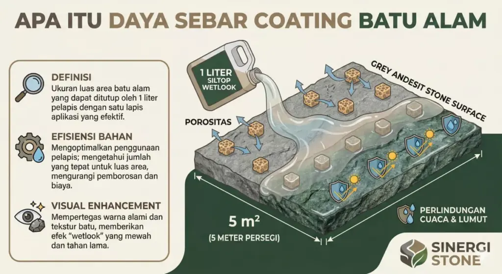Diagram definisi daya sebar coating batu alam 5 m²/liter pada andesit Manceri Sinergi Stone.