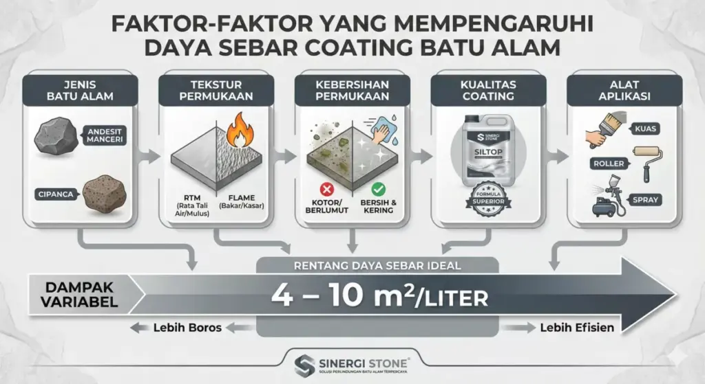 Infografis 5 faktor pengaruh daya sebar coating batu alam seperti tekstur andesit dari Sinergi Stone.