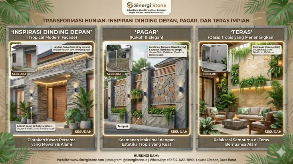 Infografis aplikasi batu alam untuk dinding depan, pagar, teras rumah dari Sinergi Stone Cirebon.