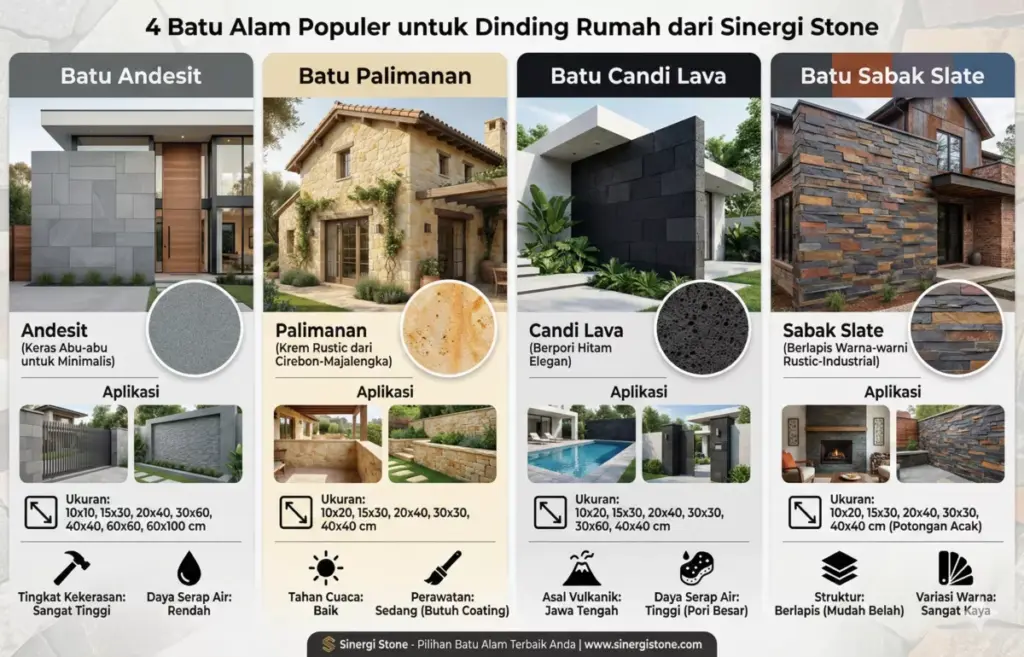Infografis 4 jenis batu alam populer: andesit, palimanan, candi, sabak untuk dinding rumah Sinergi Stone.