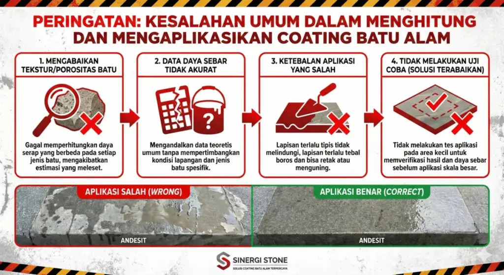 Infografis kesalahan umum perhitungan daya sebar coating batu andesit dan solusinya Sinergi Stone.