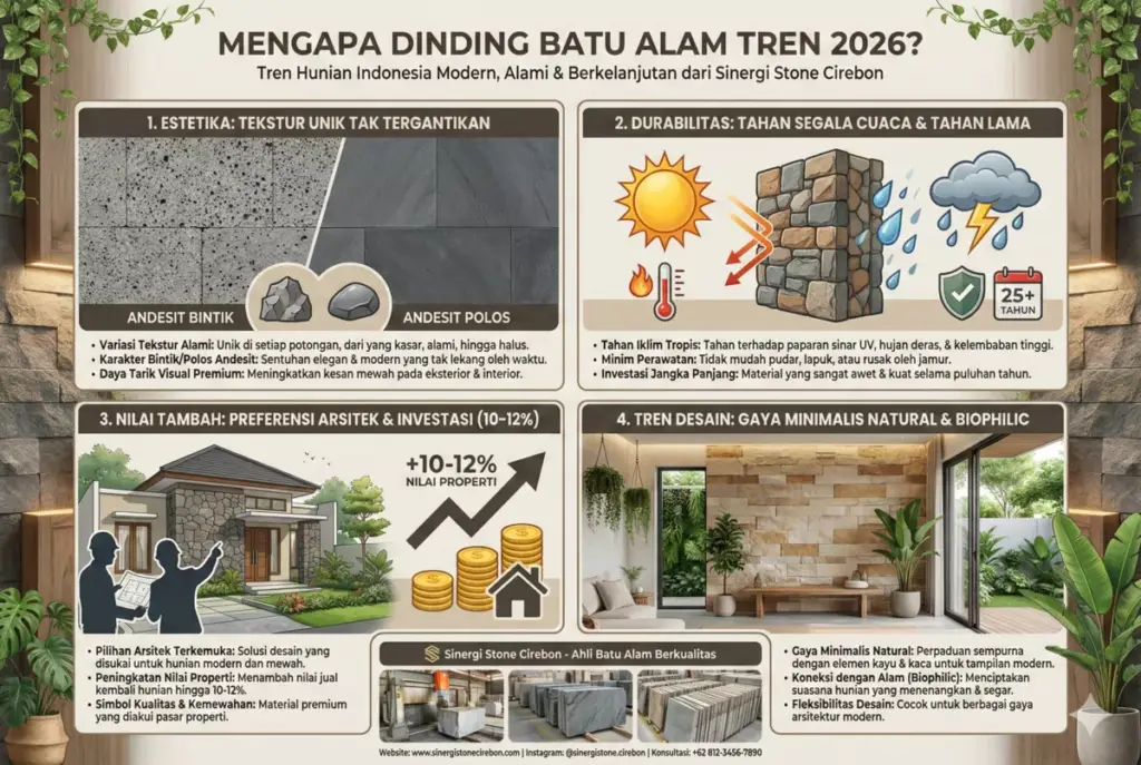 Infografis alasan batu alam dinding tren 2026: estetika, durabilitas, nilai properti dari Sinergi Stone.