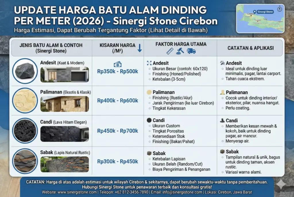 Tabel harga batu andesit, palimanan, candi, sabak dinding per meter Sinergi Stone 2026.