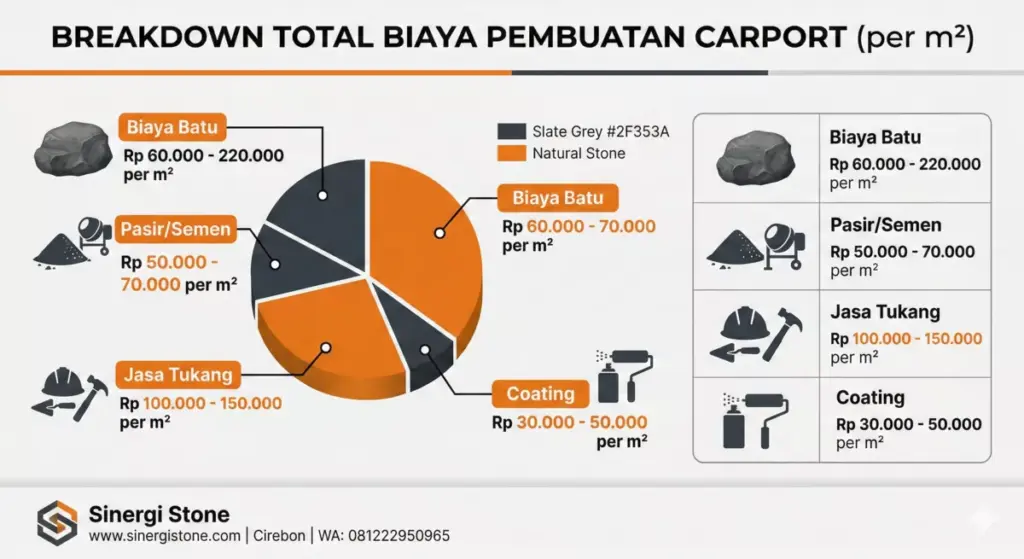 Infografis estimasi biaya pemasangan batu andesit carport per m2 lengkap.