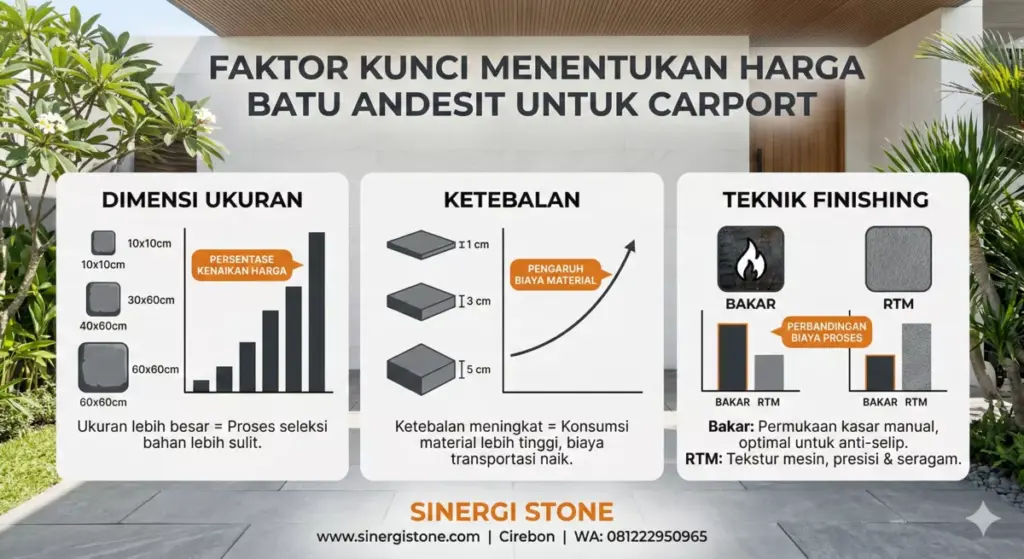 Infografis faktor harga batu andesit untuk carport: ukuran, tebal, finishing.