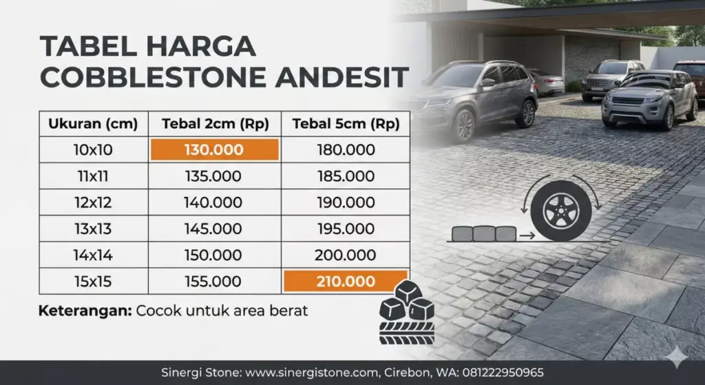Tabel harga cobblestone andesit tebal 2-5 cm untuk carport berat.